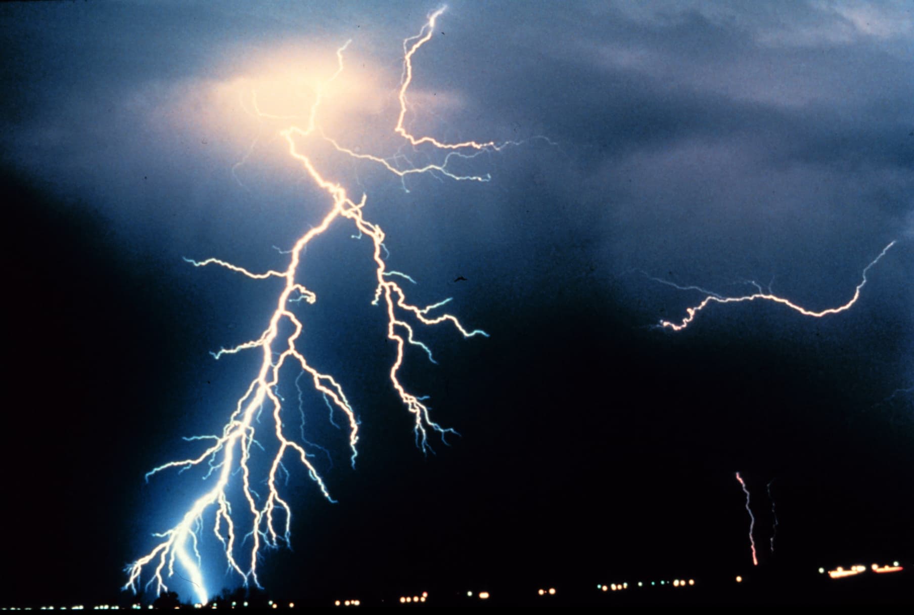 Multiple cloud-to-ground and cloud-to-cloud lightning channels branching across a dark thunderstorm sky.